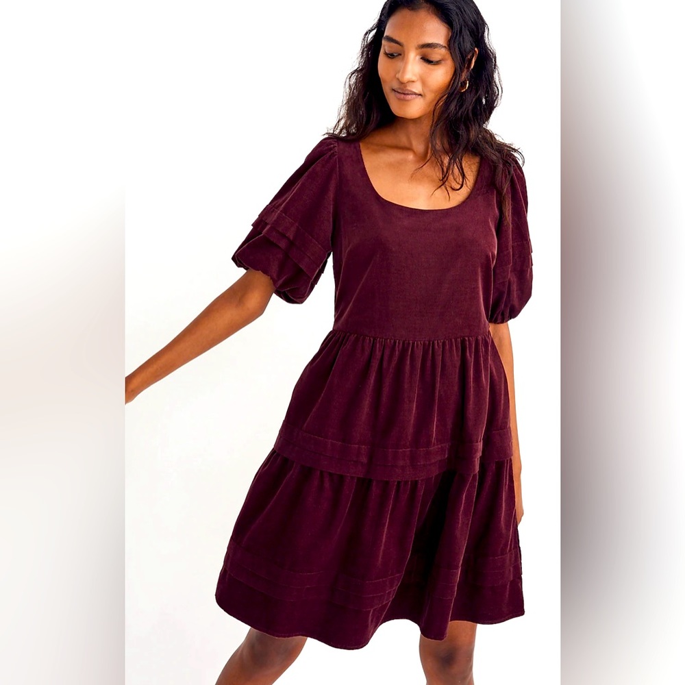 MADEWELL Corduroy Tiered Mini Dress Puff Sleeve Burgundy Size L